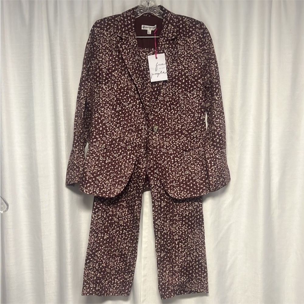 NWT Free People Maggie Brown Floral Linen Blazer Jacket and Pants Suit Set - Picture 5 of 5